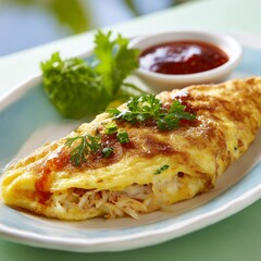 A delicate Thai-style crab omelet sits on a clean white dish beside a small bowl of soy sauce, with soft shadows and light green tones.