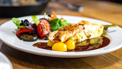 Delicious chicken breast with mashed potatoes and vegetables on a plate.