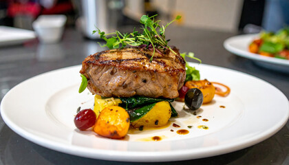Delicious grilled steak served with a colorful medley of vegetables on a white plate.