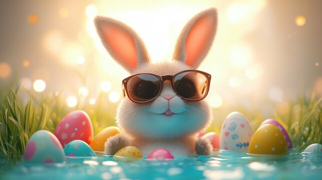 cute fluffy rabbit wearing sunglasses relaxing in water surrounded by colorful decorated Easter eggs with soft glowing background - Powered by Adobe