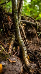 Close-up of tree roots emerging from soil in a humid forest with visible moisture and fine root hairs