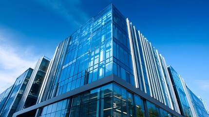 Obraz premium Modern glass building reflects blue sky under bright sunlight.