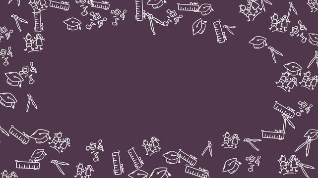 Education doodle animation with graduation caps, rulers, pens, and students on purple background with copy space. Ideal for learning projects and school media.