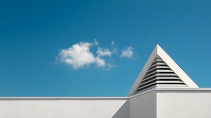 Geometric white building against a clear blue sky with a single cloud.