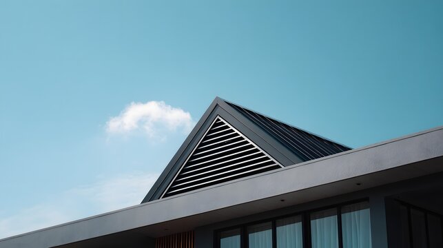 Triangular rooftop vent against a clear blue sky with one cloud. - Powered by Adobe