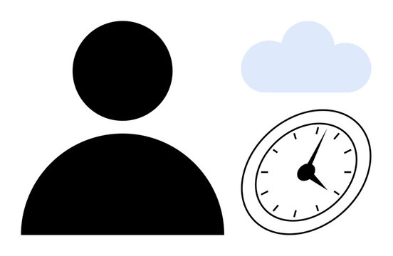 Silhouette of a user, a clock showing time, and a light cloud. Ideal for productivity, time tracking, cloud technology, scheduling, planning digital tools personal organization. Simple flat