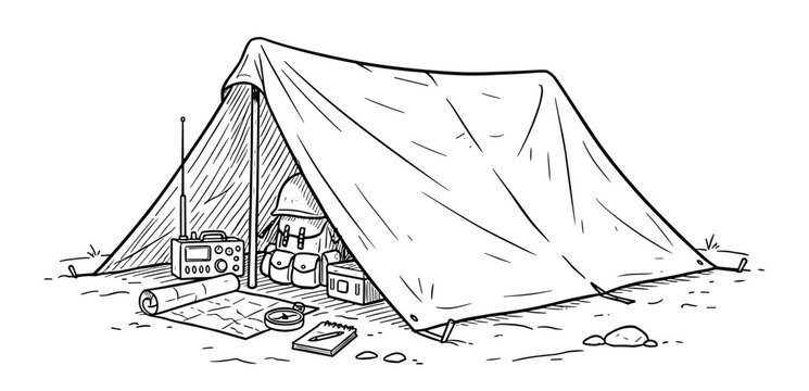 black and white camping tent with equipment clip art preview