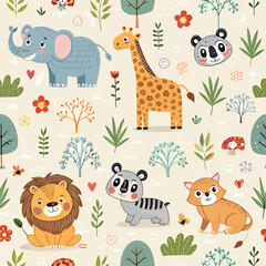 A seamless pattern vector illustration set featuring a cute and funny cartoon collection of baby zoo animals including a dog, cat, lion, elephant, giraffe, rabbit, tiger, cow, and bear © ARIEN BADHON
