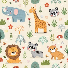 A seamless pattern vector illustration set featuring a cute and funny cartoon collection of baby zoo animals including a dog, cat, lion, elephant, giraffe, rabbit, tiger, cow, and bear © ARIEN BADHON