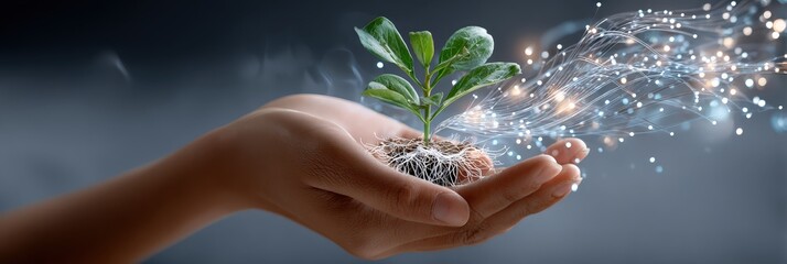 Hands holding growing plant with digital data flow, green technology and innovation