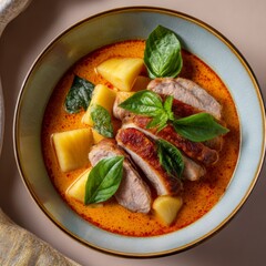 Gourmet Thai duck curry with sweet pineapple and aromatic basil, carefully plated in a ceramic dish, top lighting, neutral brown-grey backdrop.