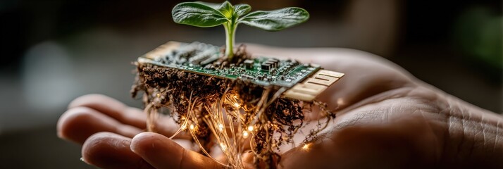 Hands holding green plant growing from circuit board with fairy lights