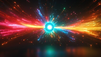 Obraz premium Bright glowing sphere emitting colorful vibrant light streaks and particles in a dark space creating a dynamic and energetic visual effect