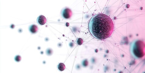 Abstract network of interconnected spherical nodes with glowing pink and blue highlights on white background representing digital or molecular connections