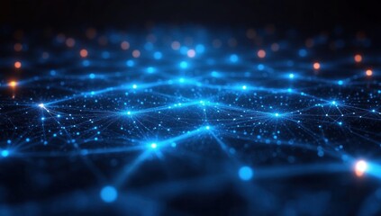 Glowing blue network of interconnected points and lines forming a digital grid over a dark background with scattered bright nodes creating a futuristic and technological atmosphere