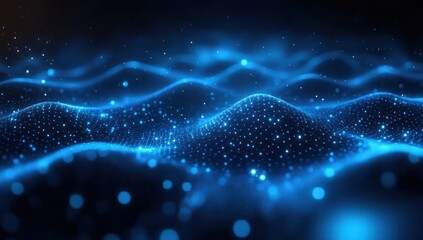 Abstract glowing blue wave grid with floating particles and smooth flowing lines evoking a futuristic and digital atmosphere