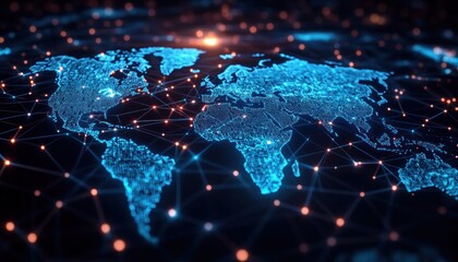 Digital glowing world map with interconnected nodes representing global network connections in a futuristic data visualization