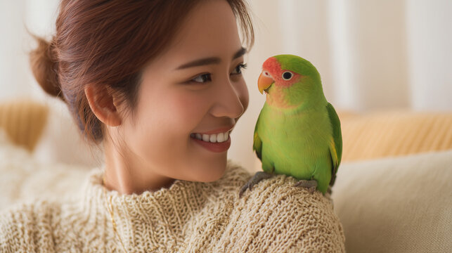 Close-up of happy parrot sitting on the shoulder of a young asian woman, wearing sweater , smiling at the parrot. Living, soft, pastel. Friendship between owner and pet, woman and bird. Animal company