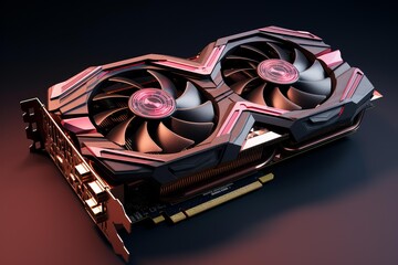 Powerful graphics processing unit with dual cooling fans illuminated by red light, showcasing advanced technology and high performance