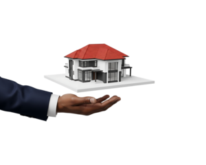 Hand offering a model house isolated on transparent background