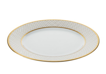Elegant white and gold porcelain plate isolated PNG, decorative tableware with geometric pattern for fine dining and special occasions
