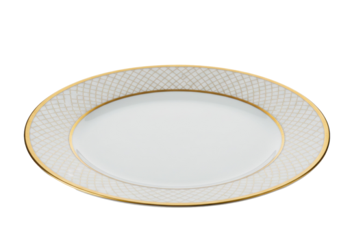 Elegant white and gold porcelain plate isolated PNG, decorative tableware with geometric pattern for fine dining and special occasions