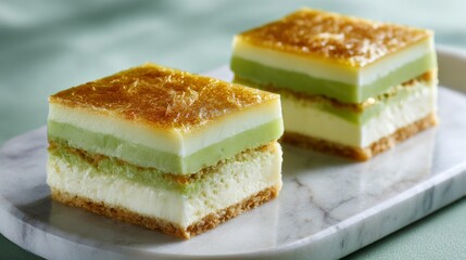 Elegant Thai dessert Foi Thong layered on pandan leaf cake, artistically plated on marble, soft pastel green background, bright studio lighting.