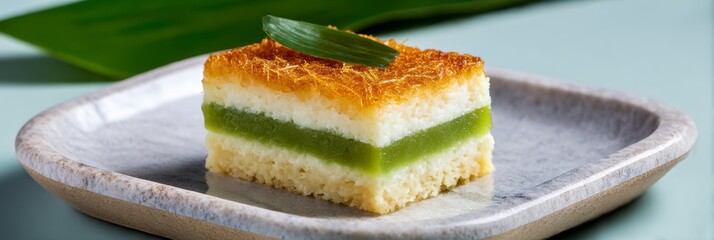 Luxurious Thai sweet featuring golden Foi Thong on fragrant pandan sponge, served on a marble plate, minimal pastel green backdrop.