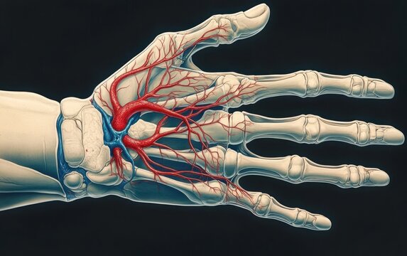 Detailed anatomical illustration of a human skeletal hand showing bones with red arteries and blue veins against a dark background