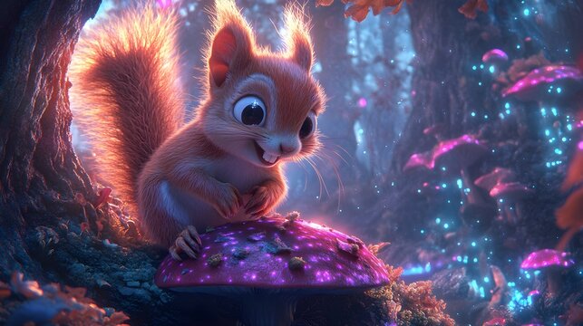 Enchanting squirrel in a magical forest with glowing mushrooms and fantasy elements