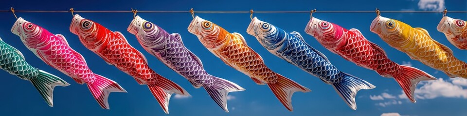 Koinobori carp wind streamers flying against a blue sky