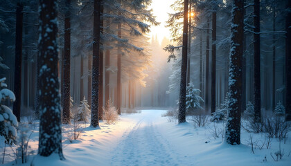 wooden trees ice cold mountain with road sunlight