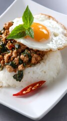 Thai stir-fried chicken with basil and fried egg, plated with jasmine rice on a gleaming white plate. A luxurious dish photographed with warm, soft lighting.