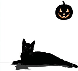 The image features a cat and a pumpkin, with a scary black cat set against a pumpkin silhouette on a white background