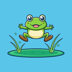 Happy cartoon frog jumping joyfully in the air