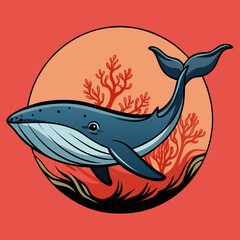 Whimsical blue whale swimming through coral reef