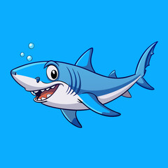 Happy cartoon shark swimming in blue water with bubbles