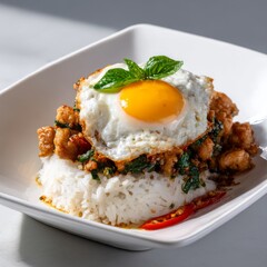 Luxurious Thai stir-fried chicken with basil, paired with a crispy fried egg and jasmine rice. Beautifully presented on a glossy white plate against a warm grey background.