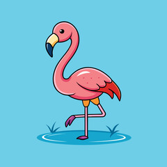 Cute cartoon flamingo standing on one leg in water