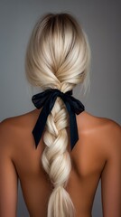 A blonde woman is seen from behind with her hair in braids and adorned with a black ribbon, epitomizing hairstyle, glamour, and fashion