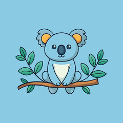 Cute cartoon koala sitting on a tree branch with leaves