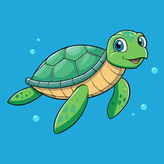 Cute cartoon sea turtle swimming happily in blue water with bubbles