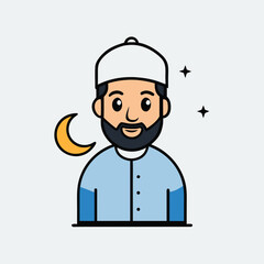 Cartoon muslim man with crescent moon and stars illustration