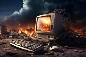Old desktop computer showing burning city on the screen during an apocalypse, concept of fake news and manipulation