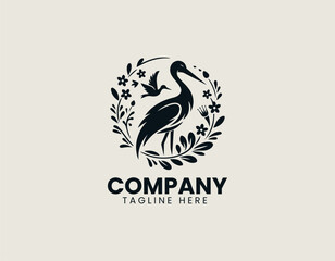 Stork stands beside blooming flower in elegant vector logo design illustration