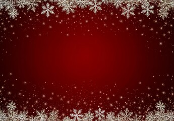 A festive red Christmas background features a border of white snowflakes and snow falling downwards