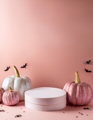 Halloween display concept. White empty podiums on pale pink background with copy space and pale pink and white glitter pumpkin decorations.  Generated image