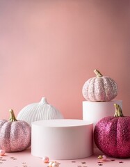 Halloween display concept. White empty podiums on pale pink background with copy space and pale pink and white glitter pumpkin decorations.  Generated image