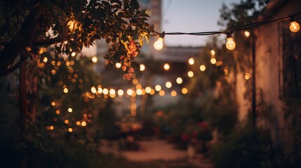 Outdoor garden strung with glowing lights creates a magical evening ambiance.