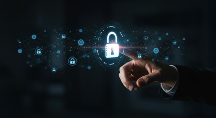 Hand Touching Digital Padlock Icon Representing Cyber Security and Data Protection